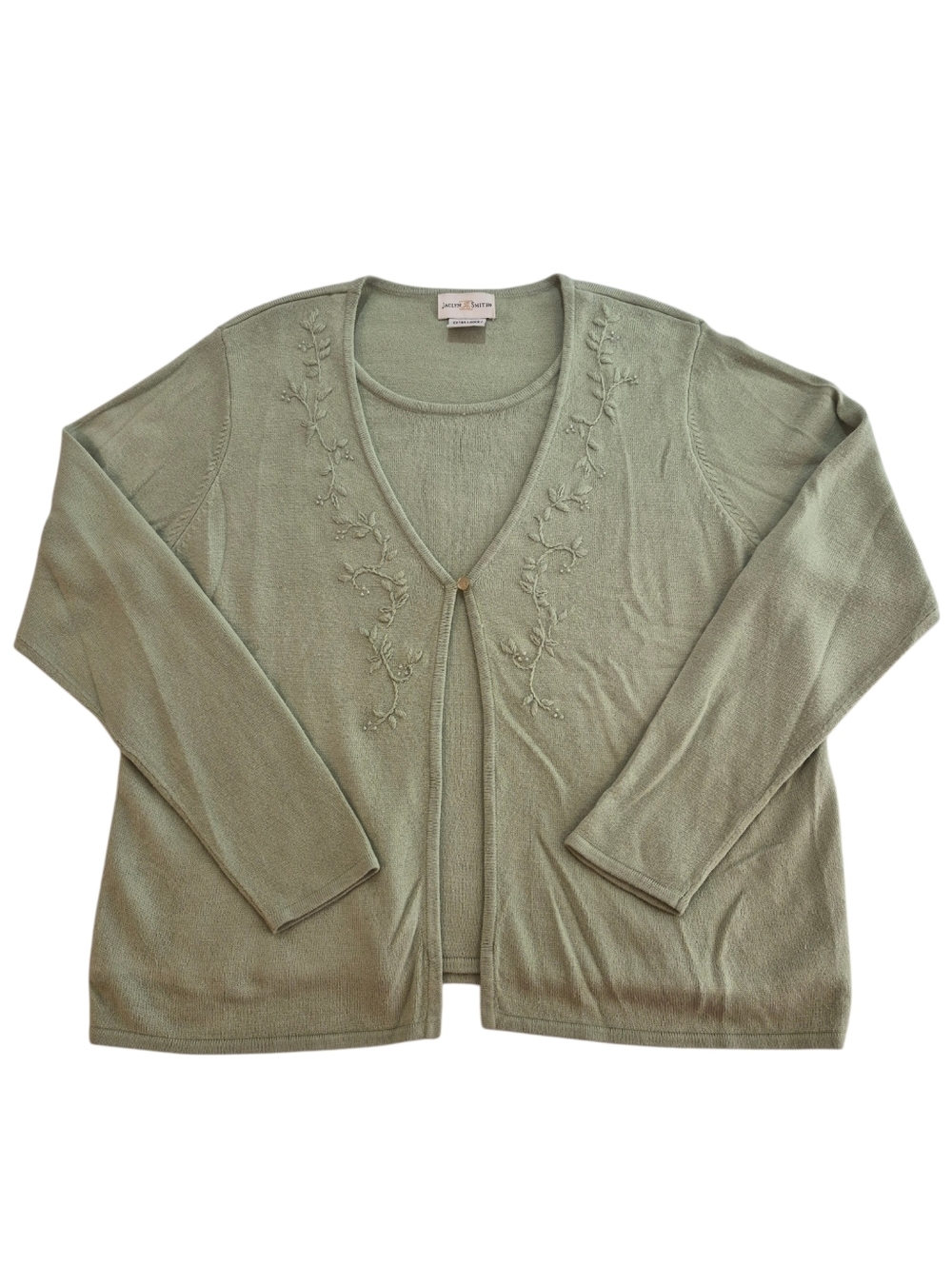 Vintage Jaclyn Smith Mock Layered Top Knit Sweater Sage Green Embroidered XL